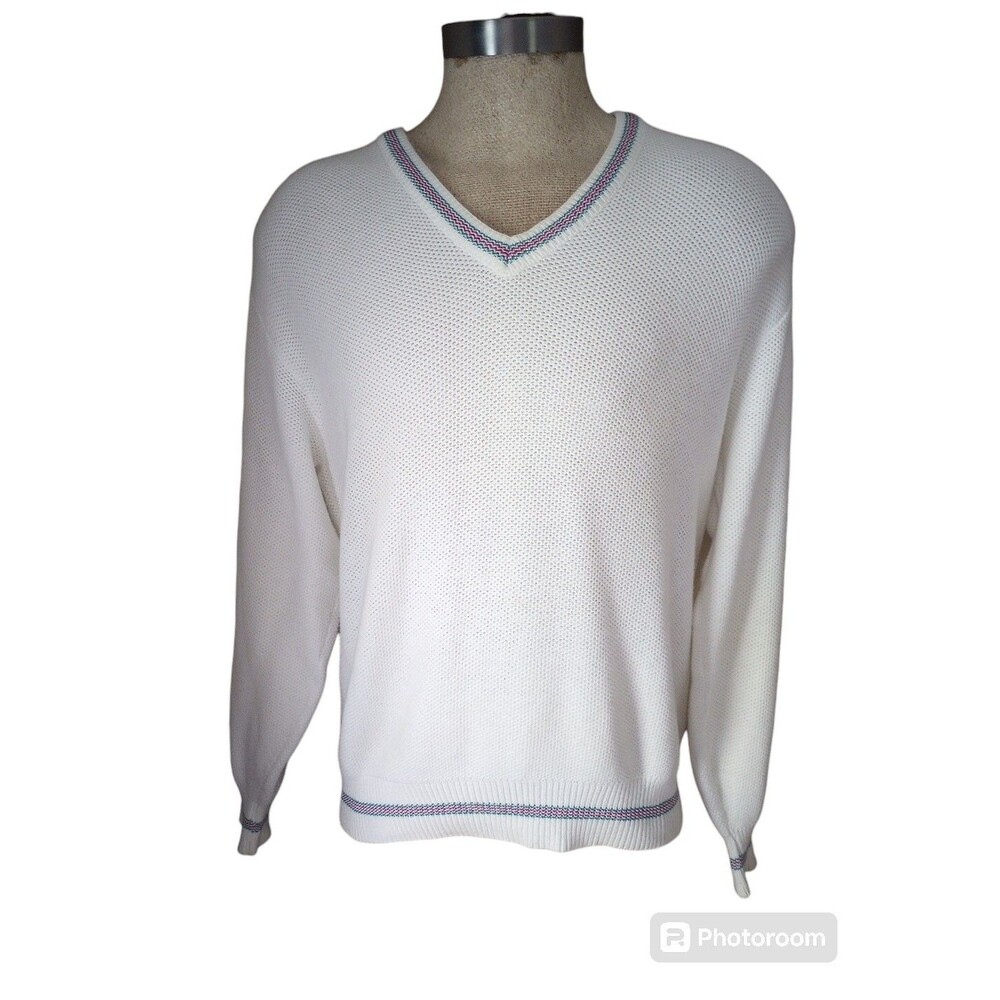 Vintage Isle Of Cotton Mens Size L Large Made in USA Textured Knit White Sweater
